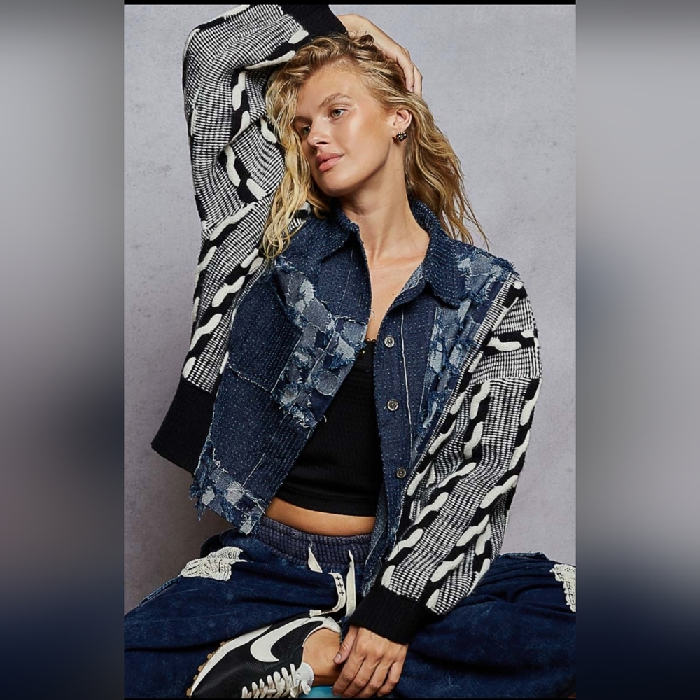 POL Navy, Black And White Textured Jacket